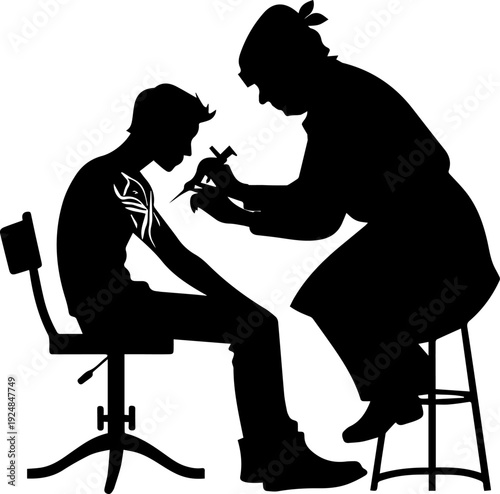 Tattoo Artist Tattooing Client Arm Silhouette Vector Black and White