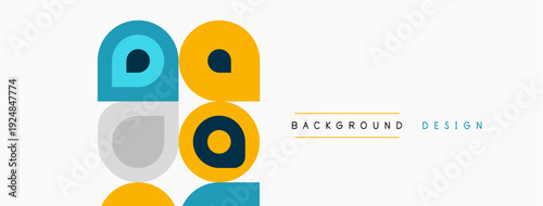 Minimalist design features stacked squares, circles. Yellow, blue hues dominate neutral backdrop. Simple geometry creates modern aesthetic.