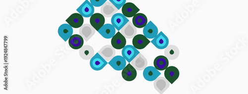 Abstract pattern features rounded shapes, varying colors. Blue, green, purple hues dominate white background. Simple geometric design.
