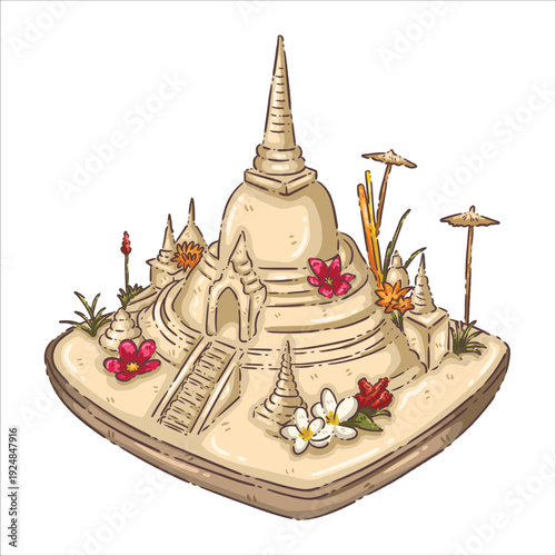 Traditional Thai Sand Pagoda Illustration - Songkran Festival Cultural Element with Flowers and Incense