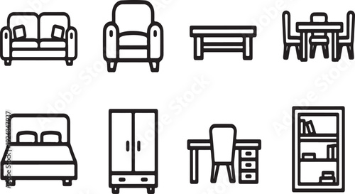 A collection of various furniture items including sofas, chairs, tables, and storage units Vector