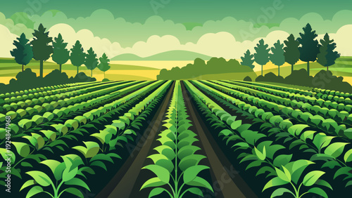Expansive green plantation with perfectly aligned rows of crops stretching towards a distant forest under a cloudy sky