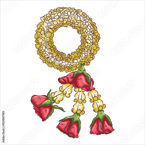 Traditional Thai Jasmine Garland Illustration - Phuang Malai with Rose Accents for Songkran Festival and Thai Culture