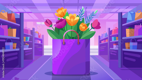 Vibrant bouquet of tulips and foliage in a purple shopping bag on a supermarket aisle with colorful shelves