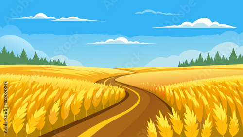 Golden wheat field with a winding path under a blue sky with fluffy clouds, expansive landscape illustration