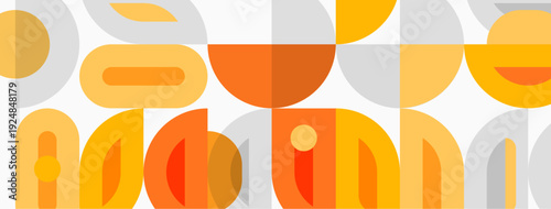 Abstract geometric pattern. Overlapping circles, rectangles create midcentury modern aesthetic. Warm orange, gray tones dominate composition.