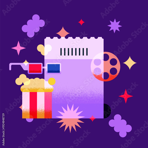 Cinema ticket, popcorn, film tape, 3d glasses vector illustration Design elements for movie poster, film festival banner