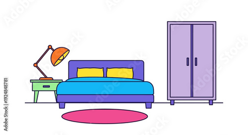 Bedroom interior with bed and wardrobe illustration