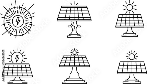 Solar energy icons set with sun panels and electric power generation