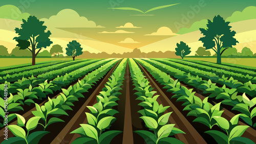 Sunlit agricultural field with rows of young plants leading towards distant hazy mountains and a warm sunset sky, conveying abundance and natural beauty.