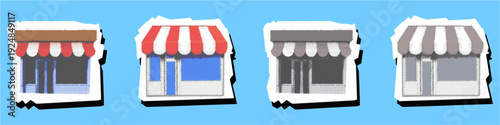 Set store shop editable halftone scrapbook element vector for retro retail ads. Ideal for symbolizing vintage commerce, nostalgic storefronts, and pop art markets.