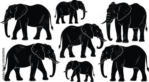 Collection of African elephant silhouettes in various walking and standing poses isolated on white background for wildlife conservation nature safari and animal graphic designs
