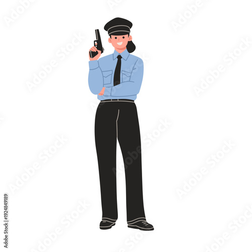 vector illustration of female police officers in uniform holding pistols. Ideal for security themes, public service designs, educational materials, posters, mascots, and graphic projects