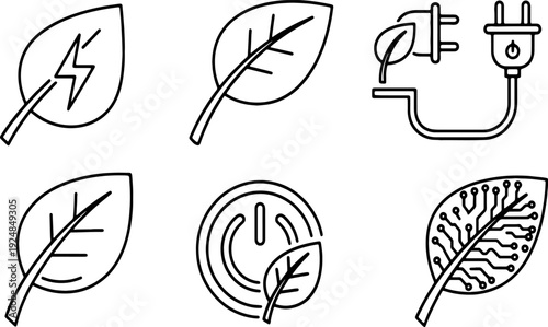 Green energy and technology icons leaf power plug and circuit board