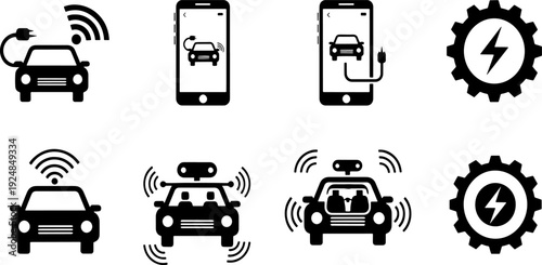 Electric car charging and smart vehicle technology icons autonomous driving