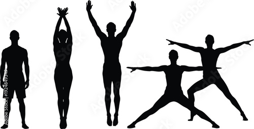 Collection of male and female yoga silhouettes performing various fitness poses and stretching exercises isolated on white background for wellness and health designs