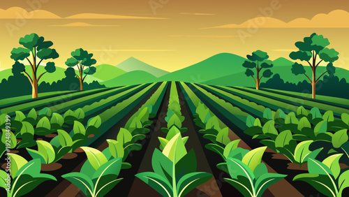 Vibrant green rows of crops stretch across a sunlit field under a warm, golden sky, evoking a sense of agricultural abundance and natural beauty.