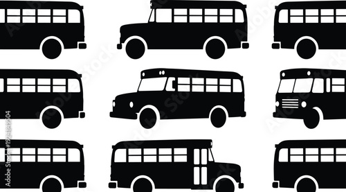 Collection of school bus silhouettes in various angles and views isolated on white background for educational transport graphic design and public transportation vector illustrations