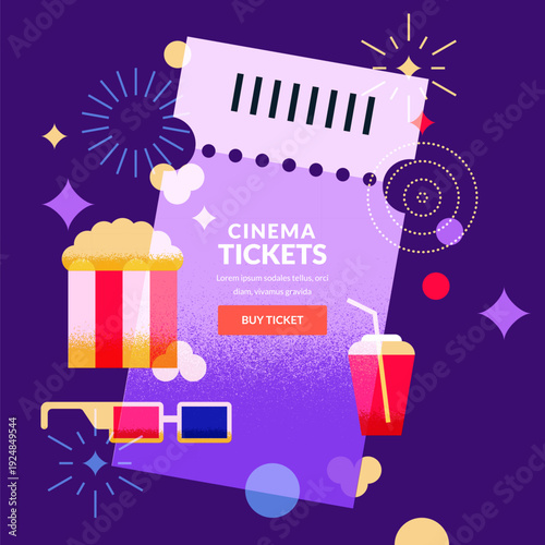 Cinema banner poster. Movie ticket, popcorn, 3d glasses vector illustration. Film festival and entertainment design