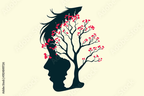 Face Silhouette Flowering Cherry Tree: Child Mind Growth, Freedom Wings, Trauma Progress