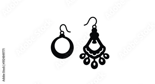 Black and white illustration of two distinct dangling earrings