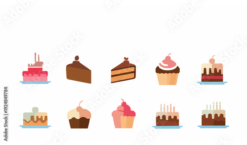 Colorful Cartoon Cake and Cupcake Dessert Icon Set Vector Isolated on White Background