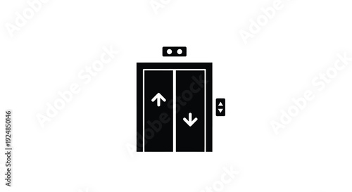 A black and white illustration of an elevator with up and down arrows