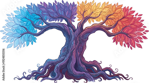 Colorful gradient fantasy tree illustration with vibrant seasonal leaves, artistic decorative nature vector design