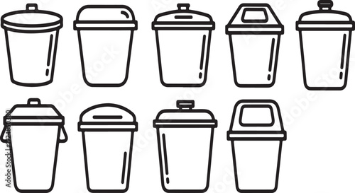 Various styles of trash bins and waste containers in a simple line drawing Vector