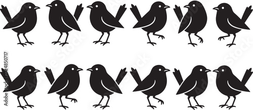 Cute bird silhouette collection in different poses, black cartoon sparrow set isolated vector illustration