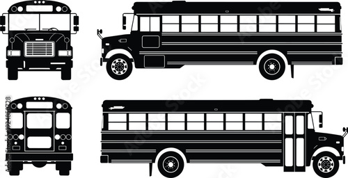 Black silhouette school bus set with front, side and rear views isolated on white background vector illustration