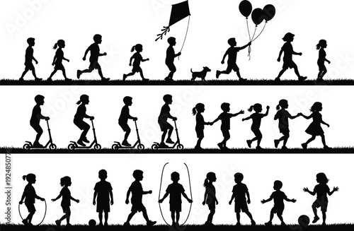 Children outdoor activities silhouette collection, kids running scootering flying kite and playing games, happy childhood concept