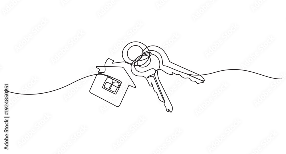 Obraz premium one line art drawing of a house with a key, Set of keys against white background, Continuous one line art drawing symbol of house keys, Real estate line icon vector design,