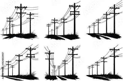 Electric utility poles perspective silhouette set, roadside power lines landscape collection, energy distribution infrastructure concept