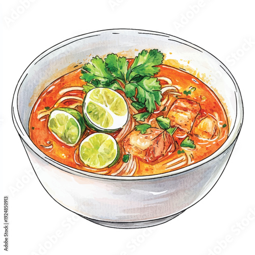 Watercolor Illustration of Delicious Tom Yum Soup with Lime and Herbs