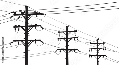 Electric power line poles silhouette against sky, urban utility infrastructure vector illustration isolated on white background