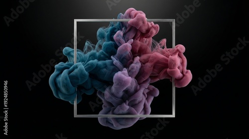 Abstract colorful smoke blending inside a silver square frame