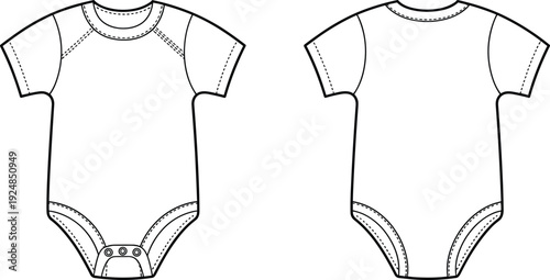 Infant baby bodysuit CAD drawing, flat vector technical illustration with front and back views isolated on white background