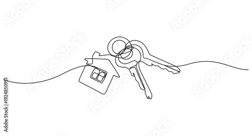 one line art drawing of a house with a key, Set of keys against white background, Continuous one line art drawing symbol of house keys, Real estate line icon vector design,