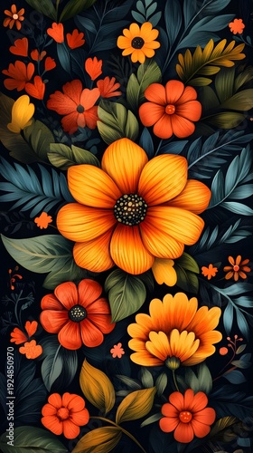 Vibrant floral arrangement featuring stylized orange and yellow flowers against a dark background. Bold outlines and textures create an illustrative, painterly effect. Abstract Boho Style