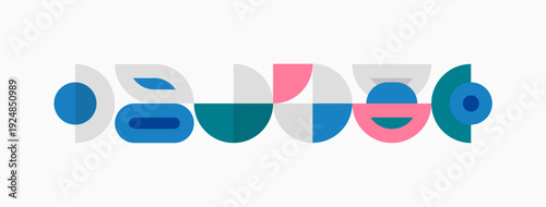 Abstract geometric shapes, colorful design. Circles, rectangles, curves create playful pattern. Minimalist aesthetic, modern style.