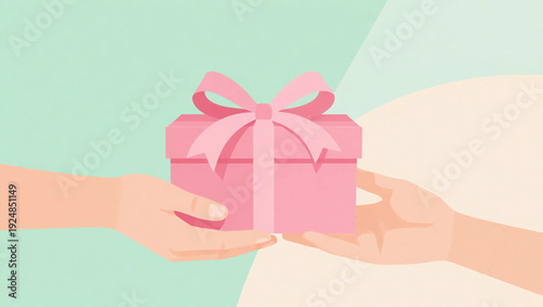 Minimal illustration of two hands exchanging a wrapped present in soft pastel tones. Symbolic artwork about trust, relationships, generosity and meaningful human interaction.