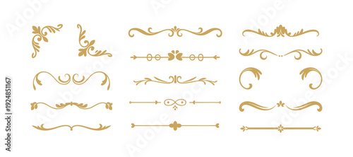 vintage ornate golden frame collection, decorative dividers corner elements floral line art borders on elegant black backdrop.