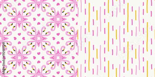 Vector seamless pattern set featuring flamingo birds arranged in decorative symmetrical composition with matching coordinating pattern in pastel colors.