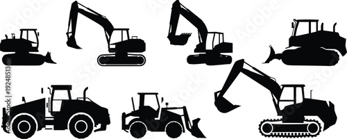 Construction Heavy Equipment Silhouette Set with Excavator, Bulldozer, Loader and Tractor Isolated on White Background Vector Illustration