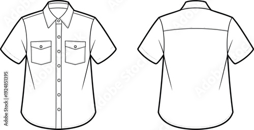 Men short sleeve button shirt CAD drawing, flat vector technical illustration with front and back views isolated on white background