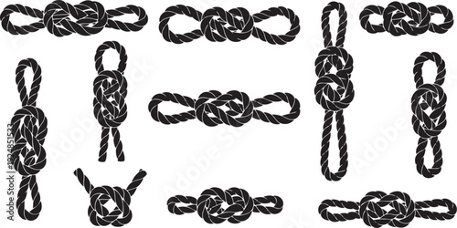 Various knots and rope ties on white background illustration