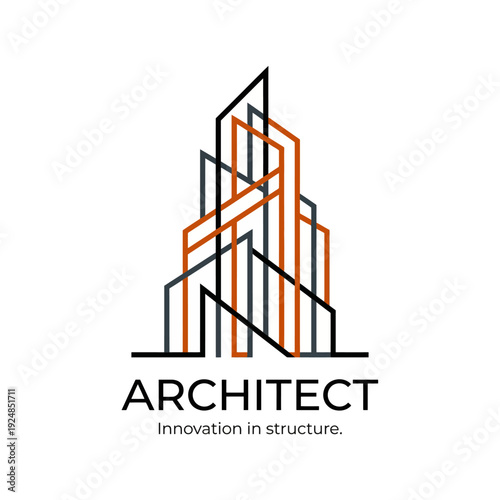 This architectural logo features innovative structural elements arranged harmoniously, symbolizing creativity in design. The bold lines and colors convey strength and stability.