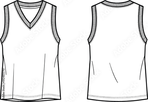 V neck sleeveless knit top CAD drawing, flat vector technical illustration with front and back views isolated on white background