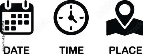 Black and white icons representing date time and place for event planning and scheduling